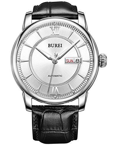 BUREI® Men's Luminous Day and Date Automatic Watch with Black Calfskin Band, Silver Bezel White Dial