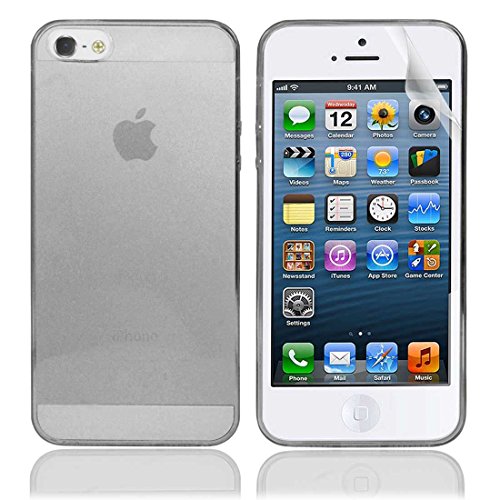GREY FOR APPLE iPhone 5S 5G 0.3MM ULTRA THIN CLEAR TRANSPARENT TPU GEL CASE COVER+SCREEN PROTECTOR - PART OF JJONLINESTORE ACCESSORIES