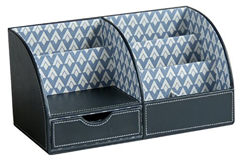 WOOSAL Leather Desk Storage Organizer with 5 Slots 1 Drawer(Navy Blue)