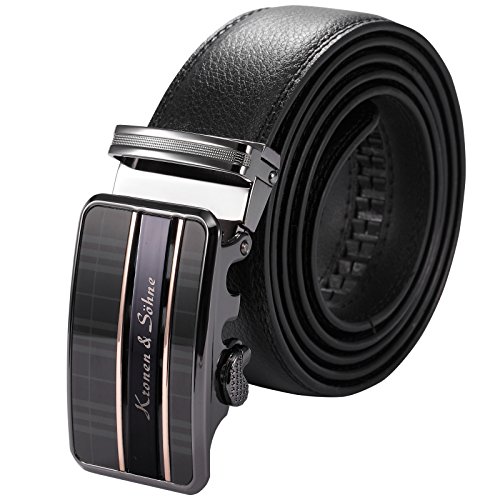 KS Men's Black Leather Belt with Automatic Ratchet Rose Gold Steel Buckle KB065