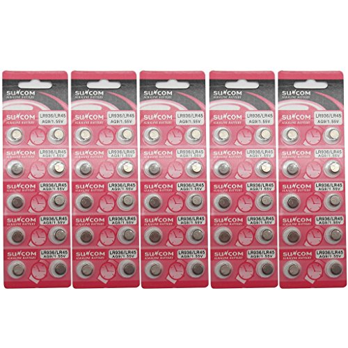 SUNCOM 5 Packs AG9 Alkaline 1.5V Button Cell Battery Single Use LR936 LR45 SP394 L936 SR45H G9 Watch Toys Remotes Cameras