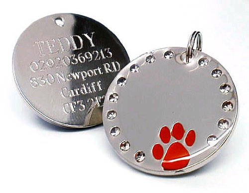 Personalised 30mm Round Crystal and Red Paw Dog Pet ID Tag Disc Engraved.......TO LEAVE ENGRAVING DETAILS PLEASE READ PRODUCT DESCRIPTION LOWER DOWN THIS PAGE.