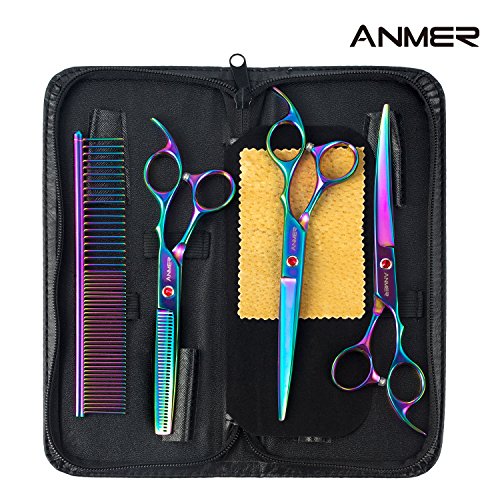 ANMER WAZ-70440C Pet Grooming Scissors Kits(4 pairs- For Body, Face, Ear, Nose, Paw) for Small, Medium & Large Dogs and Cats - Sharp and Strong Stainless Steel Blade without Harmful to Dogs and Cats