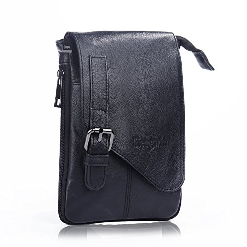 Hengying Genuine Leather Expandable Small Purse with Phone Holder, Crossbody Bag with Compartments, Phone Pouch with Shoulder Strap, Comes with Carabiner Belt Clip - Black