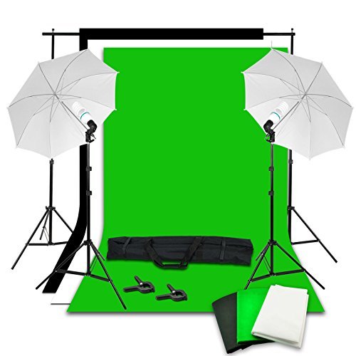 Jintu® Photography Studio Background Support Portrait Lighting Kit 3 Backdrops Umbrella continuous uk -2x 2m Light Stand + 1x 2x 3M Backdrop Support + 3pcs Backdrop Background (Black White Green)+ 2x Lamp Bulbs with E27 Holder + 2x 33 Inch White Diffuser Umbrella with Carry Bag Case
