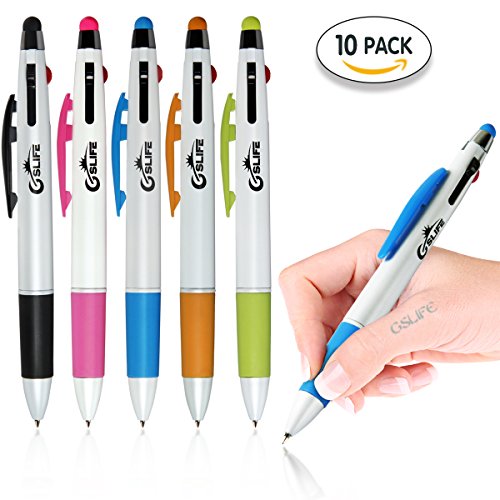 GSlife Multifunctional Stylus Pen,Multi Color 3-Color Ink(Black,Red,Blue)in One Ballpoint Pen,for Touchscreen Device,iPhone 6 6S Plus 5 5S Tablet,Pink Orange Green Blue Black,5 Colors/10 Pack