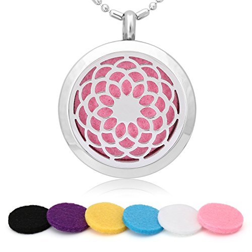 Aromatherapy Essential Oil Diffuser Necklace, Stainless Steel Locket Pendant with 24 Beads Chain and 6 Color Felt Pads A04