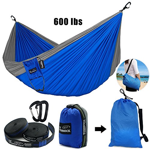 SEGMART Hammock-Outdoor Portable Double Ultralight Camping, Hiking and Backpacking Parachute Hammocks with Top-grade quality, 600lbs capacity (Blue/Silver)