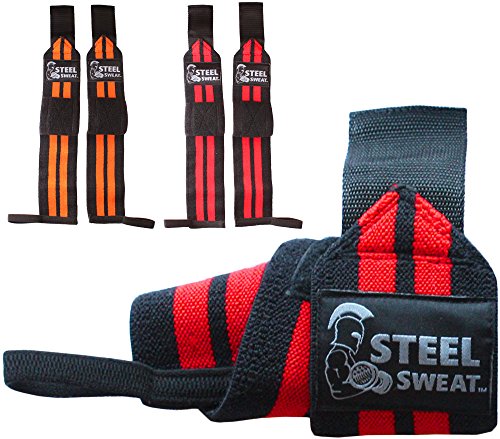 Steel Sweat Wrist Wraps (2 Pairs / 4 Straps) for Weight Lifting, Crossfit, Powerlifting, Bodybuilding, Strongman - Premium Grade Heavy Duty to Extreme Strength for best wrist support when Weightlifting - Brace and Guard Your Wrists (Black/Red & Black/Orange, 18 inches)
