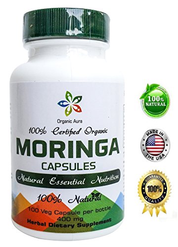 Certified Organic Moringa Capsules. 400 mg - 100 Veg Capsules. Natural Essential Nutrients. Herbal Whole SuperFood. 100% All Natural, Raw and Original.