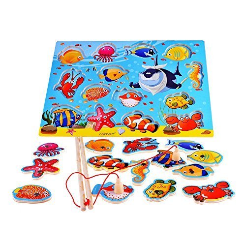 Rolimate 14-Piece Fishes Basic Educational Development Wooden Magnetic Bath Fishing Travel Table Game, Birthday Gift Toys for age 2 3 4 Year Old Kid Children Baby Toddler Boy Girl Magnet Toy