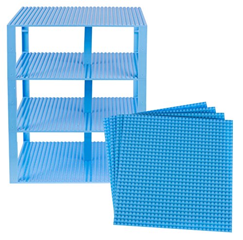 Premium Sky Blue Stackable Base Plates - 4 Pack 10 x 10 Baseplate Bundle with 60 Sky Blue Bonus Building Bricks (LEGO® Compatible) - Tower Construction