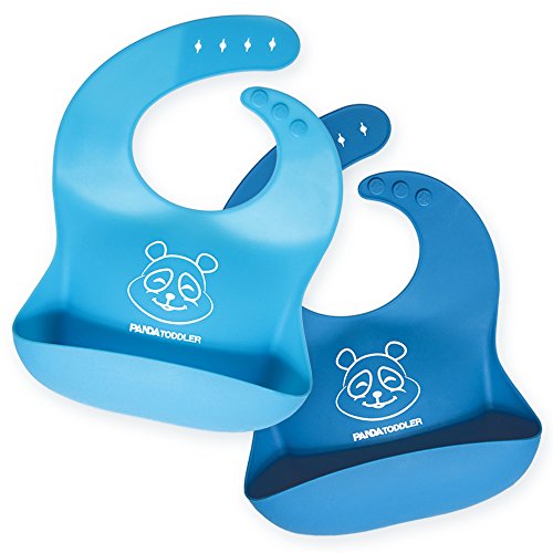Waterproof Baby Bib Soft Silicone Washable Material With Food Catcher - Easy to Clean - Cute and Funny Baby Bib for Infants & Toddlers - FDA Approved! - Brand Panda Toddler - Set Of 2 Colors (Dark Blue / Light Blue)