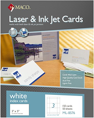 MACO Laser/Ink Jet White Index Cards, 3 x 5 Inches, 3 Per Sheet, 150 Per Box (ML-8576)