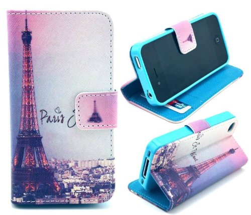 Welity Retro Eiffel Tower PU Leather Wallet Type Magnet Design Flip Case Cover Credit Card Holder Pouch Case for Apple iPhone 4/4S/4G and one gifts