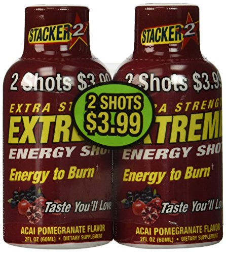 Stacker 2, Extreme 6 Hour Power Energy Shot, 'EXTRA STRENGTH' Acai Pomegranate 2-Ounce Bottles (Pack of 12)