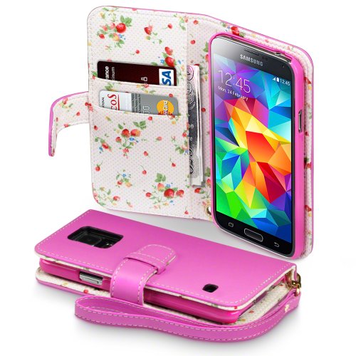 Samsung Galaxy S5 Case, Terrapin [Pink] [Floral Interior] Premium PU Leather Wallet Case with Card Slots, Cash Compartment and Detachable Wrist Strap for Samsung Galaxy S5 - Pink