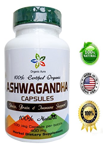 Certified Organic Ashwagandha Capsule. 400 mg - 100 Veg Capsules. Natural Stress, Brain and Immune Support. Enhances overall Health and Vitality. 100% All Natural, Raw and Original.