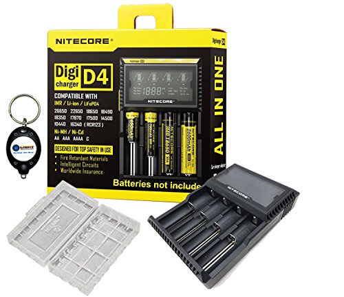 BUNDLE: Nitecore D4 Digi charger compatible with IMR LifePO4 Li-ion Ni-MH NiCd batteries (18650 26650 18490 18350 17670 17500 10440 16340 14500 AA AAA AAAA C) w/ 1x battery case and Lightjunction Keychain Light