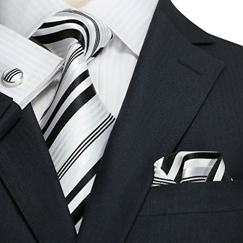 Landisun SILK Stripes Mens SILK Tie Set: Necktie+Hanky+Cufflinks 659 Black White, 3.75Wx59L