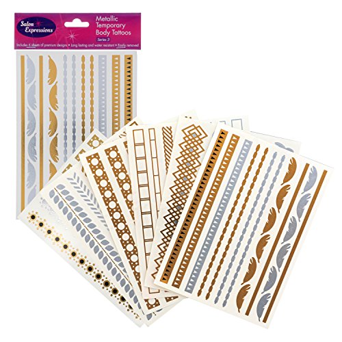 Metallic Temporary Tattoos- Six Sheets of Gold and Silver Long Lasting Flash Fashion Designs (Series 3)