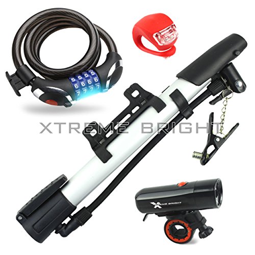 Xtreme Bright® All-In-One LED Bike Kit; Bike Headlight, Bike Taillight, Cable Bike Lock & Hand Pump. High Quality, Durable Combination Providing the Ultimate in Rock-Solid Security & Convenience. 100% Lifetime Guarantee Through Triumph Innovations