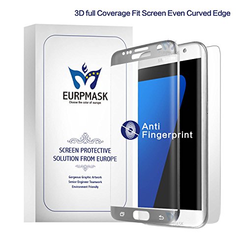 EURPMASK S7 Edge Screen Protector,3D Full Coverage Anti-Glare Tempered Glass Screen Protector Shatter-Proof Resistant Fingerprint Film For Samsung Galaxy S7 Edge[With A Free Matte PET Back Protector][Silver Frame]