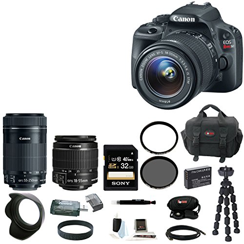 Canon EOS Rebel SL1 with EF-S 18-55mm IS STM Kit and Canon EF-S 55-250mm f/4-5.6 IS STM Lens + Tiffen filters + Focus SLR Bag + tripod + 32GB Deluxe Accessory Kit
