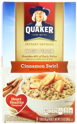 Quaker Instant Oatmeal, High Fiber, Cinnamon Swirl, Breakfast Cereal, 8 Packets Per Box (Pack of 4)