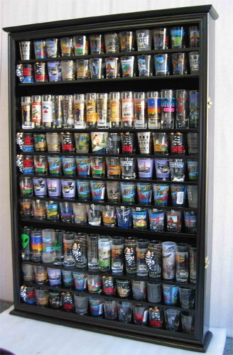 Large 144 Shot Glass Display Case Holder Cabinet Shadow Box, Hinged Door, Solid Wood, Black Finish