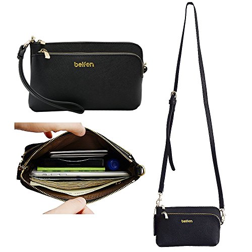 Belfen Genuine Saffiano Leather Wristlet Wallet Clutch Women Smartphone Cross Body Wallet with Card slots/Shoulder strap/Wrist Strap-for phone Up to 6 x 3.1*0.3 Inch ...