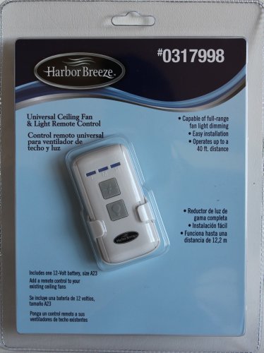 Harbor Breeze Universal Ceiling Fan & Light Remote Control + Receiver, includes 12 Volt Battery #0317998