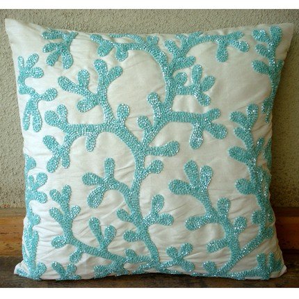 Sea Weeds - 16x16 inches Square Decorative Throw Blue Silk Pillow Covers with Beaded Embroidery