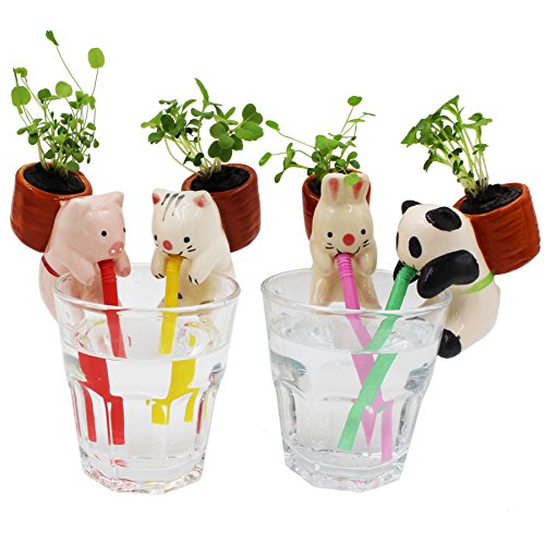 EMIDO (4Pieces/Set)Cute Style Ceramic Mini Backpack Plant Pot Self Watering Animal Planter Straw Cup Self-watering Planters(Pig+Cat+Rabbit+Panda)