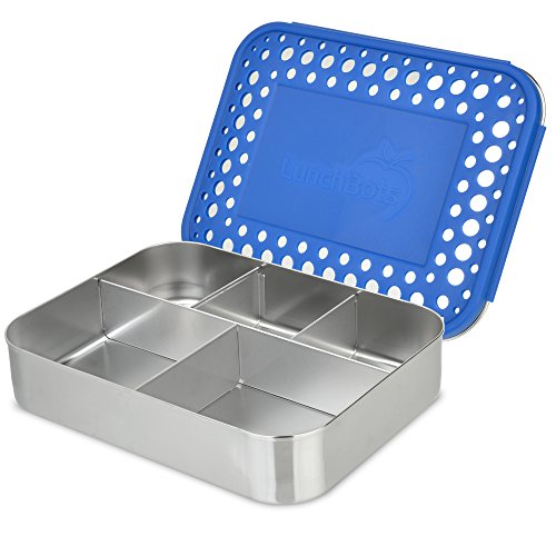 LunchBots Bento Cinco LARGE Stainless Steel Food Container, 5 Section, Blue Dots Cover