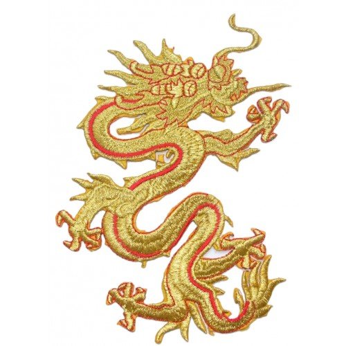 Fabric Chinese Dragons Gold 8 Inch Iron-On DIY Gothic Garment TShirt Applique Transport Patch