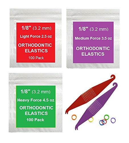 1/8 inch Orthodontic Elastic Rubber Bands, 100 Pack 300 Pack or 500 Pack, Natural or Neon, Light Force 2.5 oz, Medium Force 3.5 oz, or Heavy Force 4.5 oz, Small Rubberbands for making bows, Dreadlocks, Dreads, Doll Hair, Braids, Horse Mane, Horse Tail, Fix Tooth Gap in teeth, Top Knots + FREE Elastic Placer for braces
