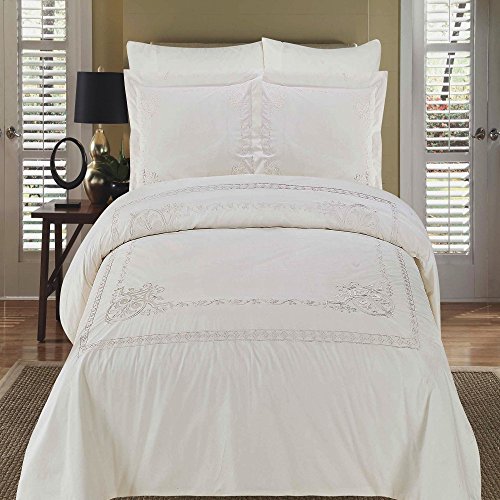 Athena White Embroidered 3-piece King / California King Duvet Cover Set 100 % Egyptian Cotton 300 Thread Count by Royal Hotel Bedding