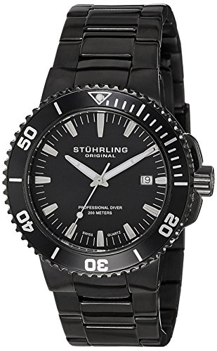 Stuhrling Original Men's 749.03 Aquadiver Regatta Corvet Swiss Quartz Professional Diver Black Bracelet Date Watch