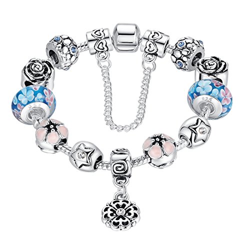 Presentski Birthday Gift Snake Chain Bracelet with Blue Color 925 Sterling Silver Glass Bead for Girls Women