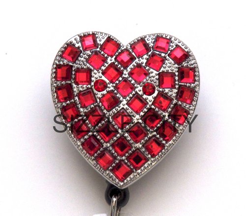Red Heart Rhinestone Retractable Badge Reel / ID Badge Holder