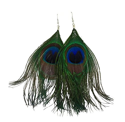 niceEshop Women Fashion Boho Style Rhinestone Long Natural Peacock Feather Drop Earrings (Blue)