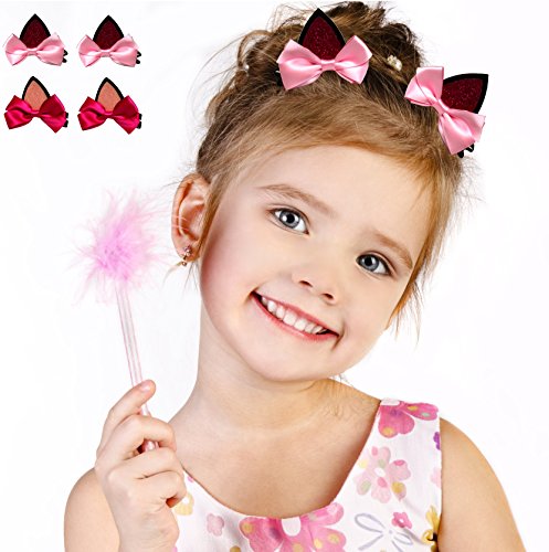 Syleia Simply Adorable Cat Ears Hair Clips Alligator clips clip-on two sets of two - with pink and rose bows. Great gift idea, party favors, party hair accessory or everyday fun look. For all ages.