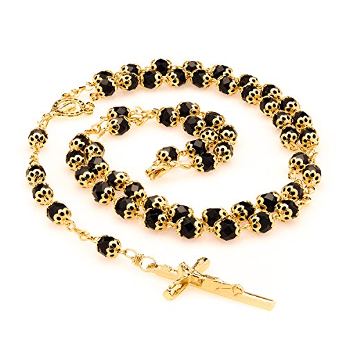 Rosary Beads Catholic Necklace LIFETIME WARRANTY Made in USA St Mary Black Glass x30 Thicker 24K Gold Plated