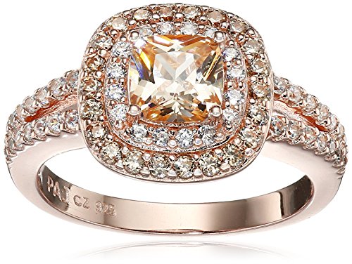 Rose Gold-Plated Sterling Silver Champagne & White Cubic Zirconia Cushion-Cut Double-Halo Ring, Size 7