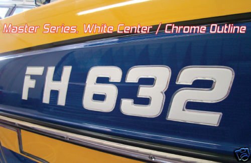 Boat & Jetski Registration Numbers - Domed/Raised Decal (16 pcs) White Center & Chrome Outline / Master Series Font Style