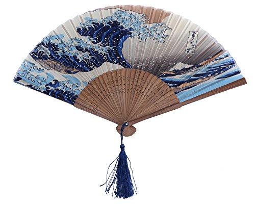 Leegoal Dark Blue and White Wave Pattern Lace Bamboo Handheld Folding Fans for Girls Women