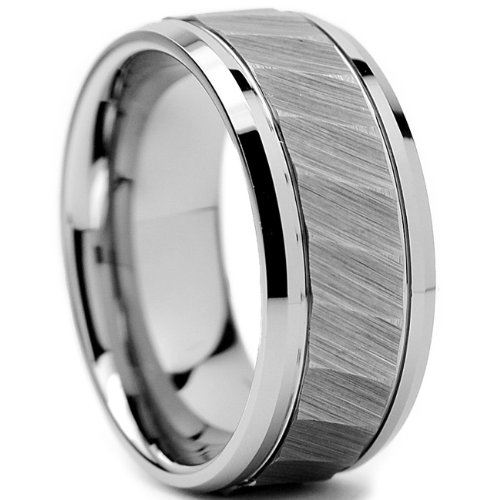 King Will 8mm Mens Tungsten Ring Square Hammered Twilled Brushed Finish Beveled Edge Wedding Band