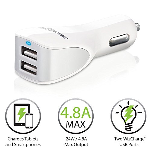 FosPower 24W Dual Port USB [Ultra Powered 4.8A] Rapid Charging Universal Car Charger with WizCharge Technology for iPhone, iPod, Android Smartphones, Tablets, MP3 Players and More (White)