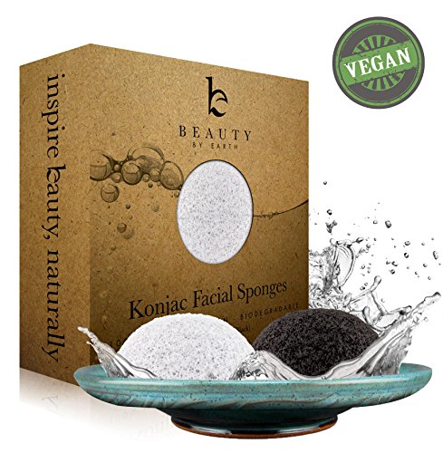 Konjac Sponges - Beauty by Earth Konjac Facial Sponge - 2 Pack - Bamboo Charcoal (Black) & Natural (White) for Cleansing Sensitive to Oily & Acne Prone Skin - Gentle Natural Sponge to Scrub and Exfoliate - Best Biodegradable Skincare Cleanser